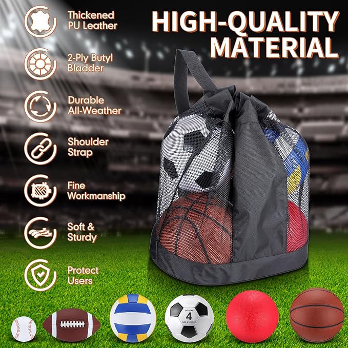 Realspring 6 Pcs Multi Sport Ball Set for Kid Teen Operation Christmas Official Size Football, Basketball, Soccer, Volleyball, Playground Ball, Baseball with Sports Equipment Bag Pump