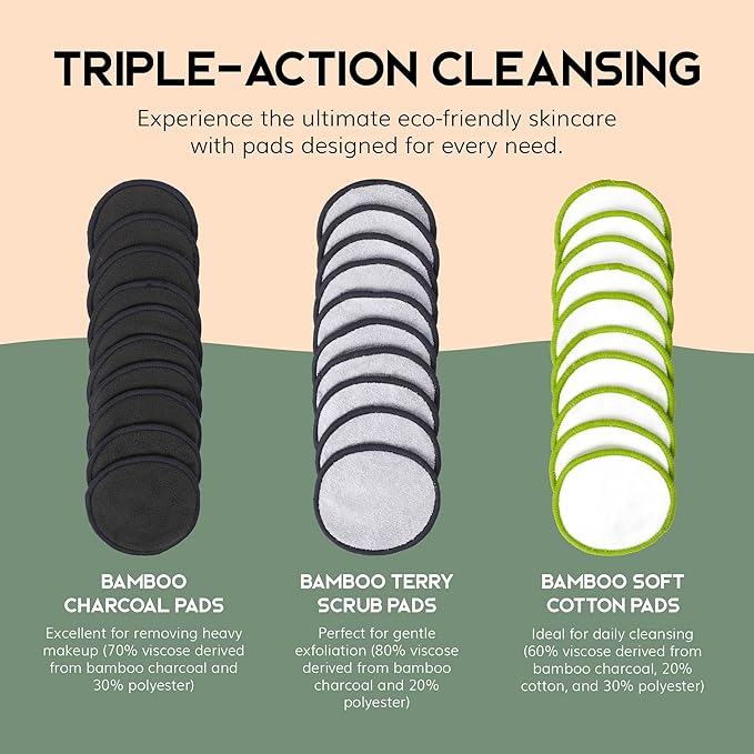 Greenzla Reusable Makeup Remover Pads, Washable Bamboo Cotton Rounds with Mesh Laundry Bag, Travel Pouch, Pad Holder - Reusable Cotton Rounds for All Skin Types - Perfect for Face Care, 30 Pack