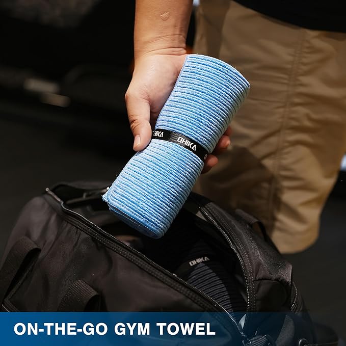 Microfiber Gym Towels with Snap Strap Closure, Ribbed Pattern Sports Towels for Yoga, Home and Outdoor Activities, 27” x 16”, 6 Pack, Light Blue