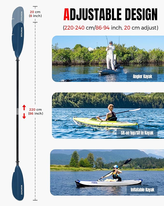 Angler Kayak Paddle with Fiberglass Shaft and Plastic Blade, Floating Adjustable Fihsing Kayak Oar, 220-240 cm/86-94", 240-260 cm/94-102", 260-280 cm/102-110"