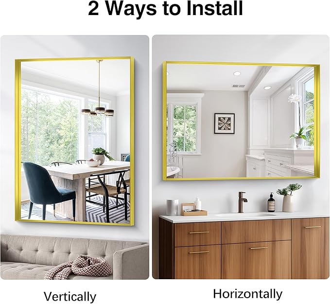 Gold Bathroom Mirror, 36x48 Inch Rectangular Framed Mirror, Large Wall Mounted Bathroom Vanity Mirror Over Sink for Bedroom,Restroom, Living Room, Hangs Vertically or Horizontally