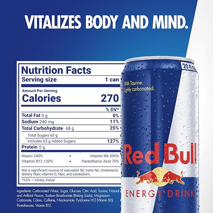 Red Bull Energy Drink with 189mg Caffeine plus Taurine & B Vitamins, 20 Fl Oz, Pack of 12 Cans