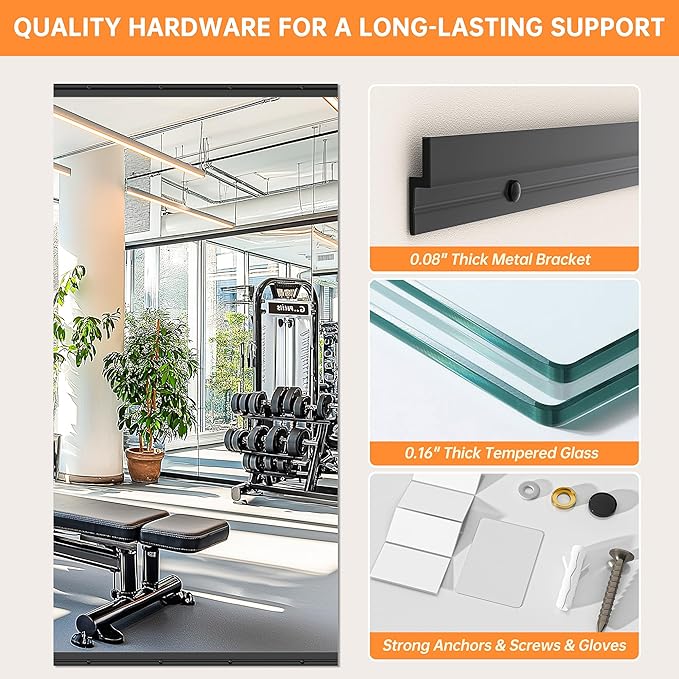 Hasipu 94''x39'' Home Gym Mirror Large Full Length Wall Mounted Full Body Mirror for Yoga Dance Fitness Exercise Studio Bedroom Garage, Frameless Tempered Glass Workout Mirrors Black Rectangular