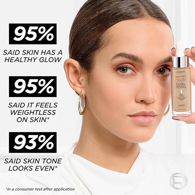 L'Oreal Paris True Match Nude Hyaluronic Tinted Serum Foundation with 1% Hyaluronic acid, Rich Medium 4.5-5.5, 1 fl. oz.