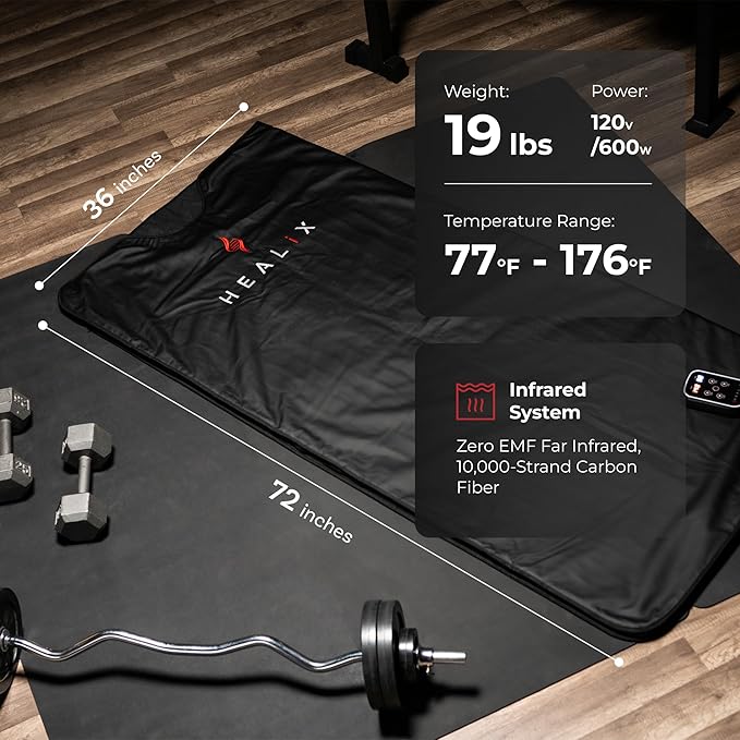 Healix Infrared Sauna Blanket Zero EMF – Portable Home Sauna Blanket for Detox & Weight Loss | Far Infrared Heating, VOC-Free, Adjustable Temp (77–176°F), Carbon Fiber Heating & Zipper Seam