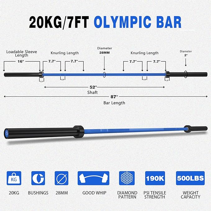 7ft Olympic Barbell for Strength Training and Olympic Weightlifting, 500 700 1000LBS Capacity Available, 2 Inch Bar for Squats, Home Gym Fitness Equipment, Bench Press, Deadlift,Powerlifting