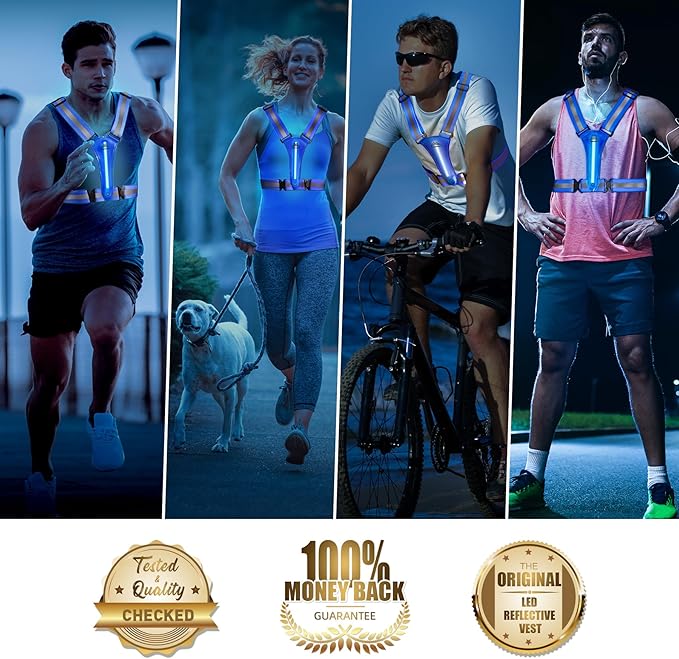 LED Reflective Vest Safety Gear, Light Up Vest for Night Walking Cycling, High Visibility Running Vest with Reflective Strips