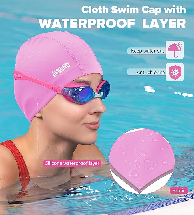 Aegend Fabric Swim Cap, Silicone Waterproof Layer - Breathable Cloth Swimming Cap, Keep Hair Dry with Hight Elasticity for Youth(8-16) Adult, 2 Sizes to Choose