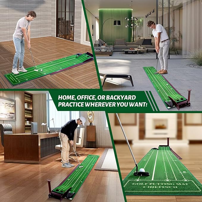 Indoor Putting Mat - Green with 3 Tracks & Auto Ball Return, Mini Golf Game & Practice Equipment, Gift for Golfer Lovers