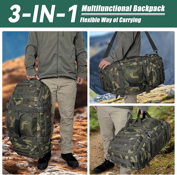 55L Large Duffle Bag, 3-in-1 Tactical Backpack MOLLE Pack for Sports, Gym, Outdoor, US Woodland