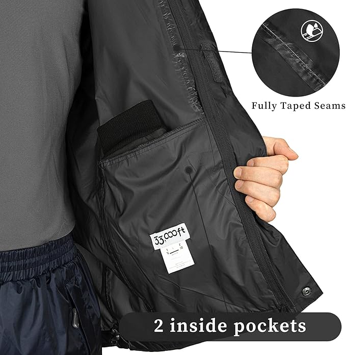 33,000ft Packable Rain Jacket Men's Lightweight Waterproof Rain Shell Jacket Raincoat with Hood for Golf Cycling Windbreaker