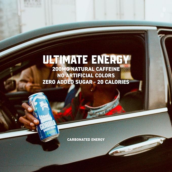 Gorilla Energy Original Energy Drink, Zero Sugar & 200mg Natural Caffeine, L-Theanine, Taurine, Ginseng, Acetyl L-Carnitine, B Vitamins, Sugar Free, and No Artificial Colors, 16 oz Cans, 12 Pack