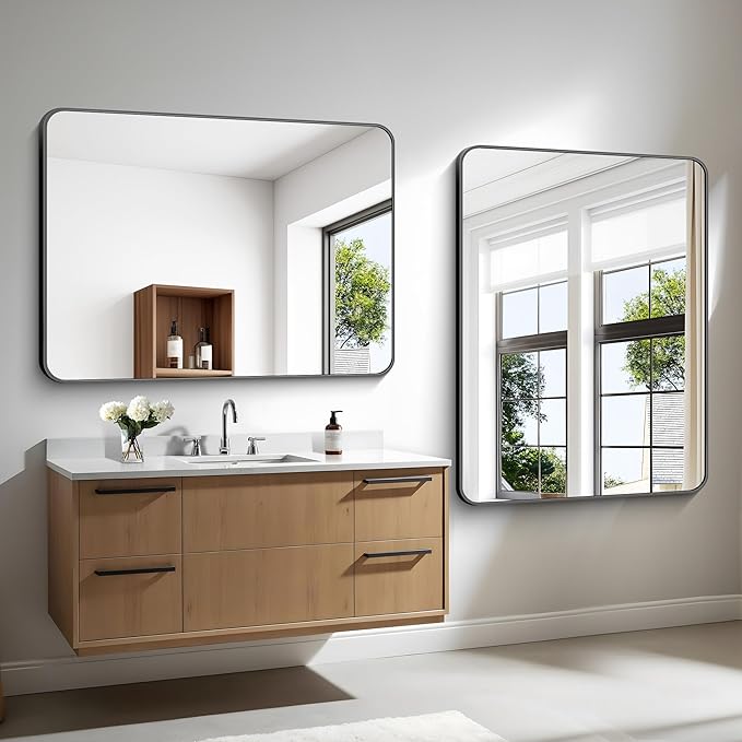 36x48 inch Bathroom Mirror,Black Rectangle Mirror,Wall Mounted Bathroom Frame Vanity Mirror with Round Corner for Bedroom Living Room, Entryway Hangs Horizontal or Vertical