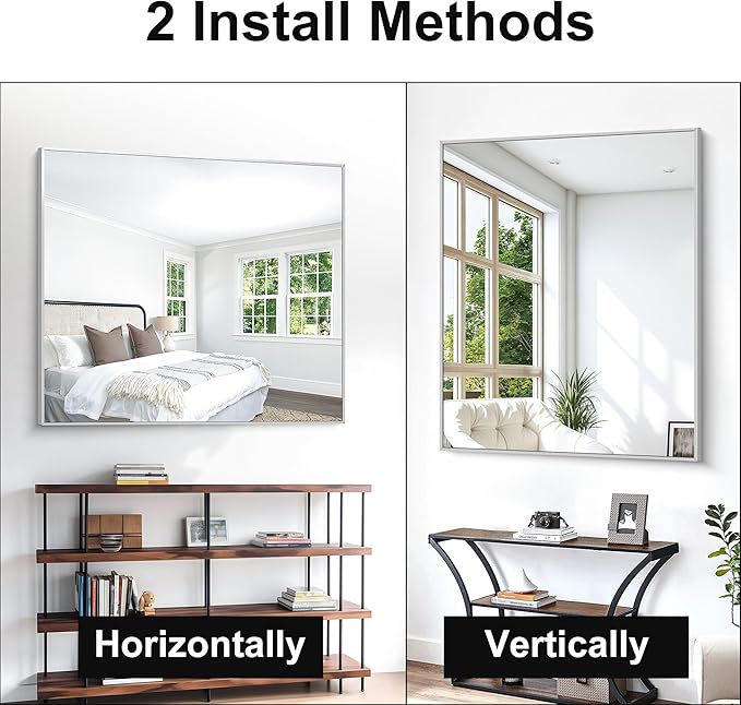 Silver Bathroom Mirror,40x48 inch Wall Mirror for Bathroom Wall Mounted,Large Rectangle Mirror for Bathroom Over Sink,Modern Metal Frame for Living Room,Bedroom Entryway,Horizontal/Vertical