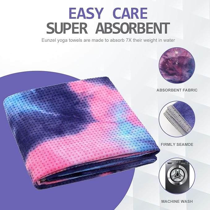 Eunzel 2 Pack Yoga Towel,Hot Yoga Mat Towel with Grip Dots Sweat Absorbent Non-Slip for Hot Yoga, Pilates and Workout 24" x72，Purple & Blue (2 Pack)