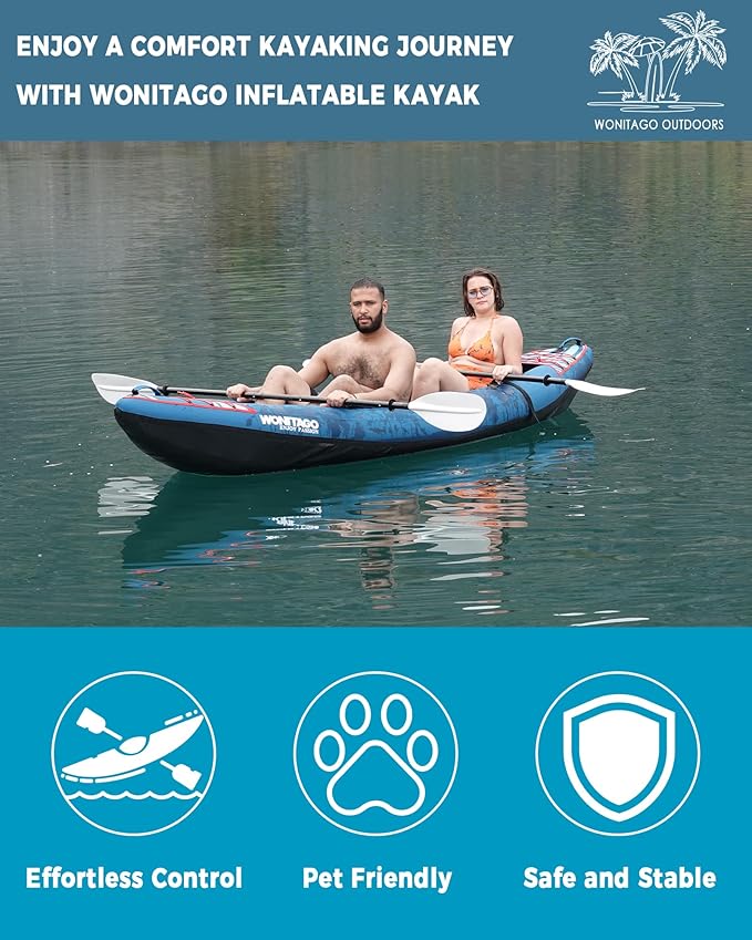 Inflatable Kayak, Portable Ripstop Oxford Cloth Recreational Touring Kayak with Fiberglass Kayak Paddle, Hand Pump and Carrying Bag, 1/2 Person