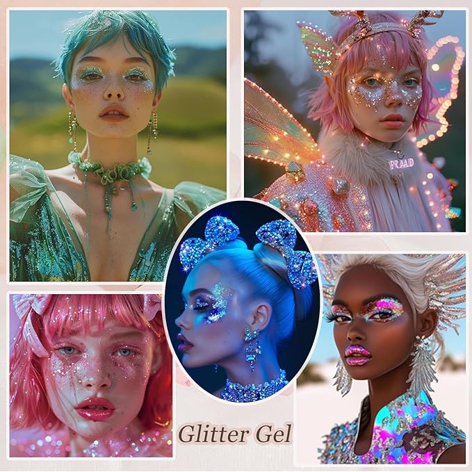 Face Body Glitter, Hair Glitter Sparkles Chunky Face Glitter Gel for Girls Makeup Singer Concerts Mermaid Festival Sequins Face Paint (White+Silver+Pink+Gold+Blue+Purple+Red)