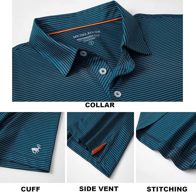 Mens Golf Shirt Moisture Wicking Dry Fit Performance Sport Short Sleeve Striped Golf Polo Shirts for Men