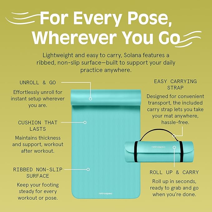 Retrospec Solana Yoga Mat 1" Thick w/Nylon Strap for Men & Women - Non Slip Exercise Mat for Home Yoga, Pilates, Stretching, Floor & Fitness Workouts - Blue Lagoon