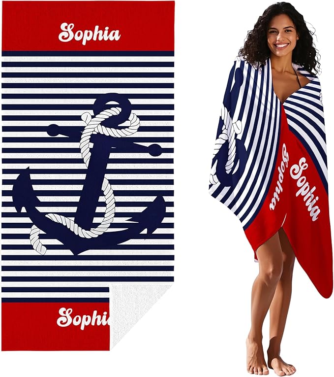 JML Personalized Beach Towel with Name, Custom Anchor Beach Towel, Customized Microfiber Pool Towel, Quick Dry & Absorbent Swim Towel for Adult,Anniversary, Birthday, Summer Holiday,Vacation