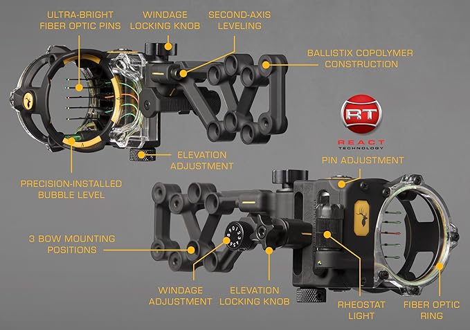 Trophy Ridge React H5 Bow Sight - 5 Pin Sight, Tool Less Windage and Elevation Adustability, 2nd Axis Leveling, Adjustable Click Light