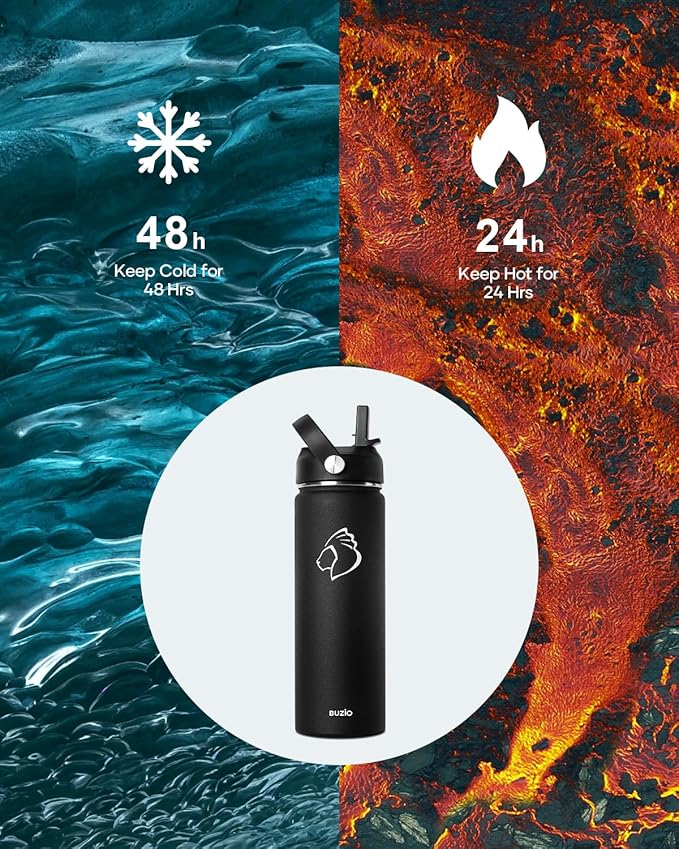BUZIO 24 oz Insulated Water Bottle, Stainless Steel Wide Mouth Water Flask with Straw Lid, Cold for 48 Hrs Leak Proof Metal Hydro Thermo Canteen Mug, Black