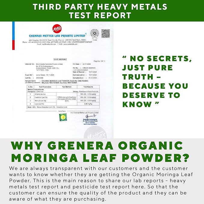 Grenera Organic Moringa Powder - 2.2 lbs (35.2 oz) | Moringa Oleifera Leaf Powder Lab Tested for Purity | Moringa Powder Organic Perfect for Smoothies, Drinks, Tea & Recipes | 100% Raw from India