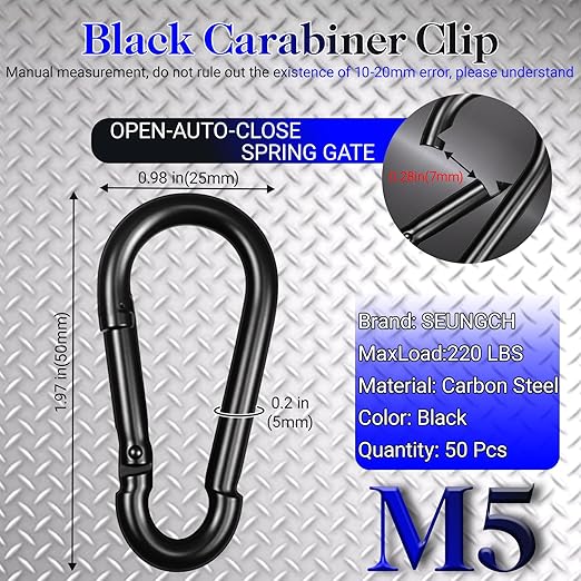 50 Pack 1.97" Heavy Duty Carabiner Clips, M5 Black Galvanized Steel Spring Snap Hooks, Rust-Resistant Keychain Clips for Hammock, Camping, Hiking, Fishing, Swing Set