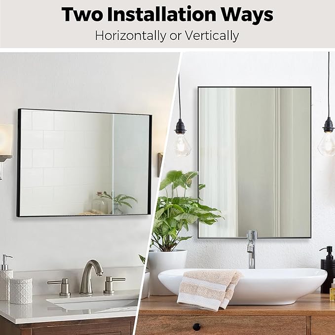 30x48 Inch Black Bathroom Mirror for Wall, Aluminum Frame Rectangle Rectangular Vanity Mirror, Modern Large for Bedroom, Living Room, Horizontal or Vertical