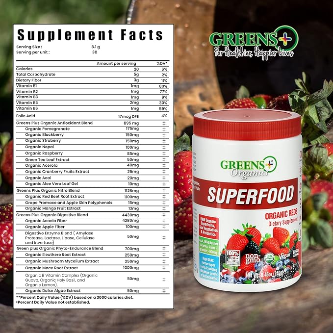 Greens+ Organic Reds Superfood Powder, Antioxidant, Polyphenol, Blend for Morning Kick, Energy, Vitality Boost, Nutrition, Vibrant Health, Vegan Soy/Dairy/Gluten Free(8.46oz)