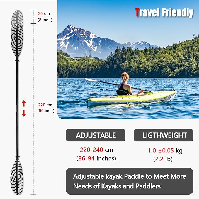 Kayak Paddles with Fiberglass Shaft and Reinforced PP Blade, Floating Adjustable Kayaking Oars, 3 Piece, 220-240 cm/86-94 Inches, 240-260 cm/94-102 Inches