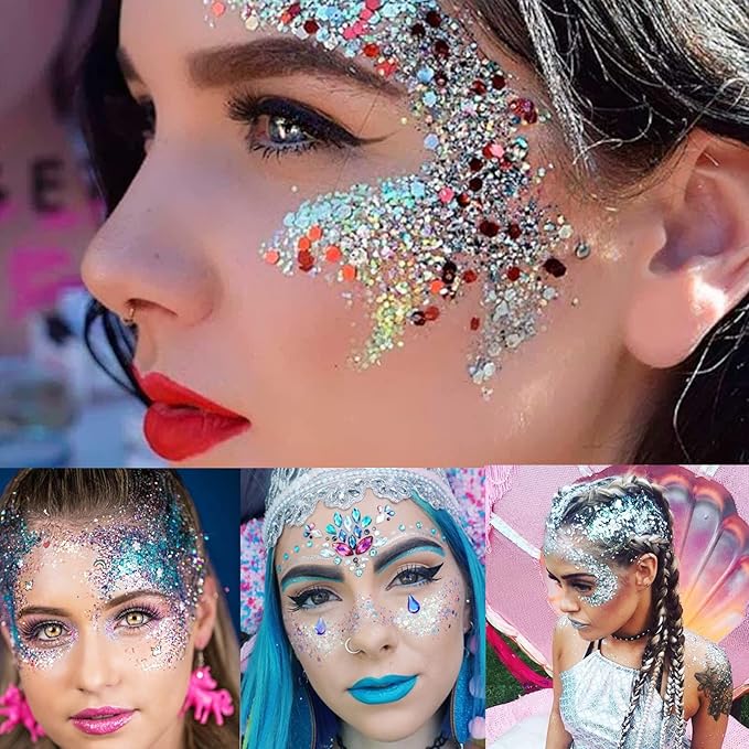 MEICOLY Green Face Body Glitter,St Patricks Day Accessories,Green Face Paint Glitter Gel Chunky Makeup,Sparkling Festival Rave Outfits for Women,Saint Patrick's Day Hair Alien Glitter