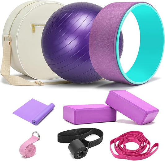 Yoga Wheel Set, Wheel Foam Roller for Back Pain & Stretching, Yoga Blocks 2 Pack with Strap, Trigger Point Therapy Massage Ball for Deep Tissue, 500lbs Capacity, Back Cracker Roller