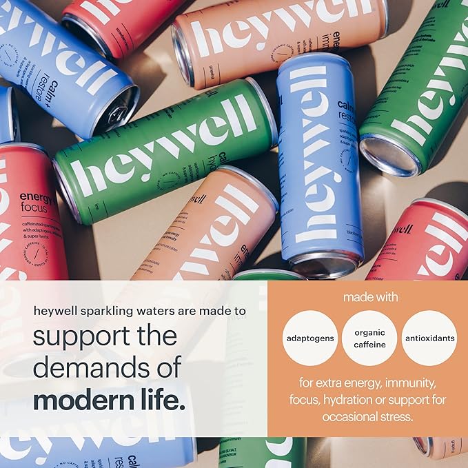 Heywell Sparkling Adaptogenic Water Energy and Focus, Strawberry Lemon Flavor 12 Fluid Ounce (Pack of 12) - Caffeinated, Organic, Non GMO, Vegan, Gluten Free, Dairy Free