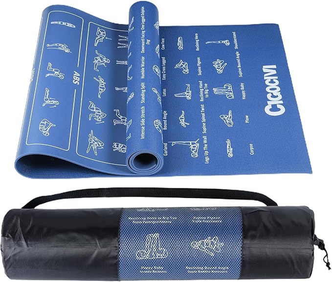 Instructional Travel Yoga Mat with 75 Poses & Exercises - Non-slip Exercise Mat for Home Workout, Includes Carrying Bag - Perfect for Beginners, 68"x24"x0.25"