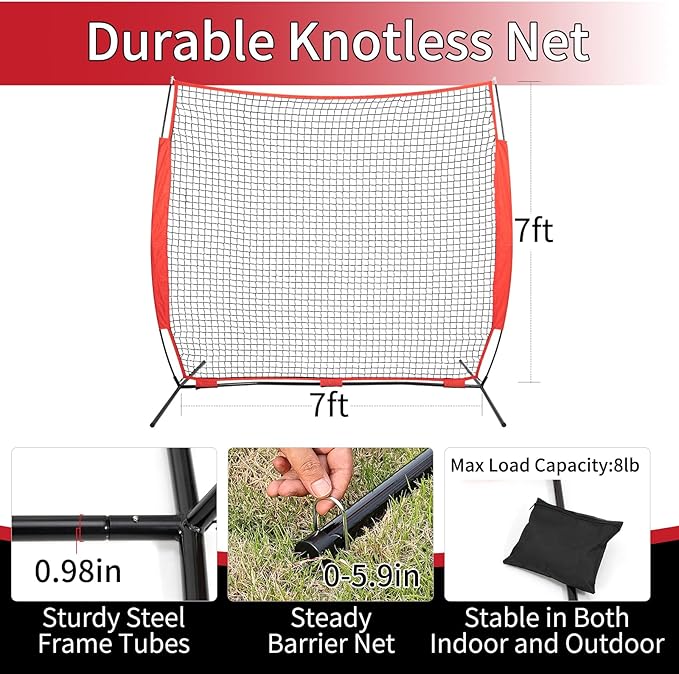 7x7/16x10/20x10ft Backstop Net, Ball Stop Net with Handbag,Fix Sports Net Barrier by 4 Spike&2 Sandbag,Sports Practice Barrier Net for Baseball,Softball,Lacrosse Train,Backstop Net for Backyard