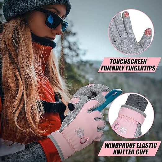 HANDLANDY Winter Insulated Work Gloves, 3M Thinsulate Thermal Water-Resistant Gloves for Men Women Touch Screen, Warm Ski Snowboard Cold Weather Gloves (Pink Grey, Small)