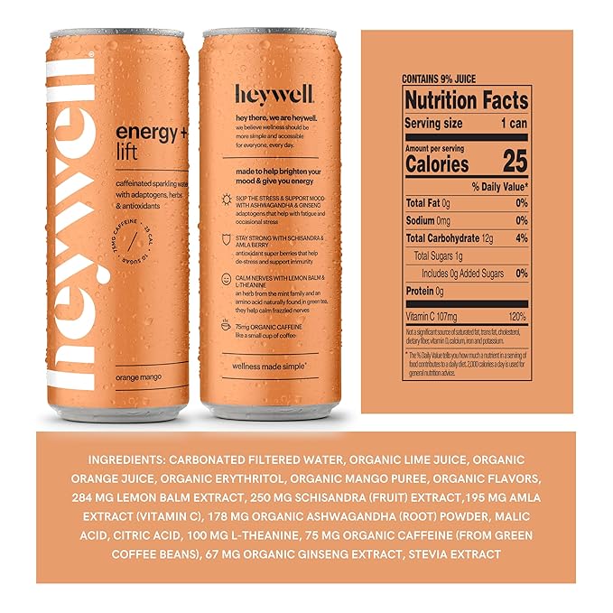 Heywell Sparkling Adaptogenic Water, Energy and Uplift, Orange Mango Flavor 12 Fluid Ounce (Pack of 12) - Non Caffeinated, Organic, Non GMO, Vegan, Gluten Free, Dairy Free