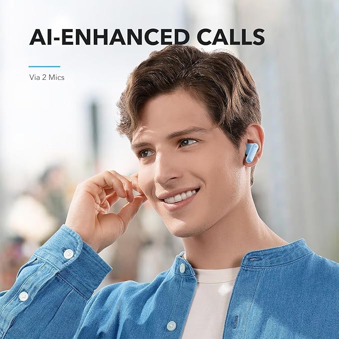Soundcore by Anker P20i True Wireless Earbuds, 10mm Drivers with Big Bass, Bluetooth 5.3, 30H Long Playtime, Water-Resistant, 2 Mics for AI Clear Calls, 22 Preset EQs, Customization (Light Blue)