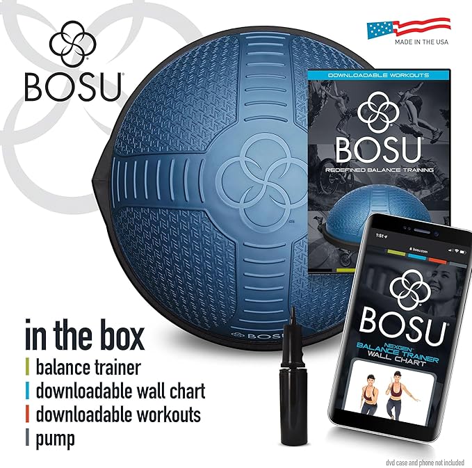 BOSU NexGen 25IN Home Fitness Exercise Gym Strength Flexibility Balance Trainer with Rubberized Non Skid Surface and Hand Air Pump
