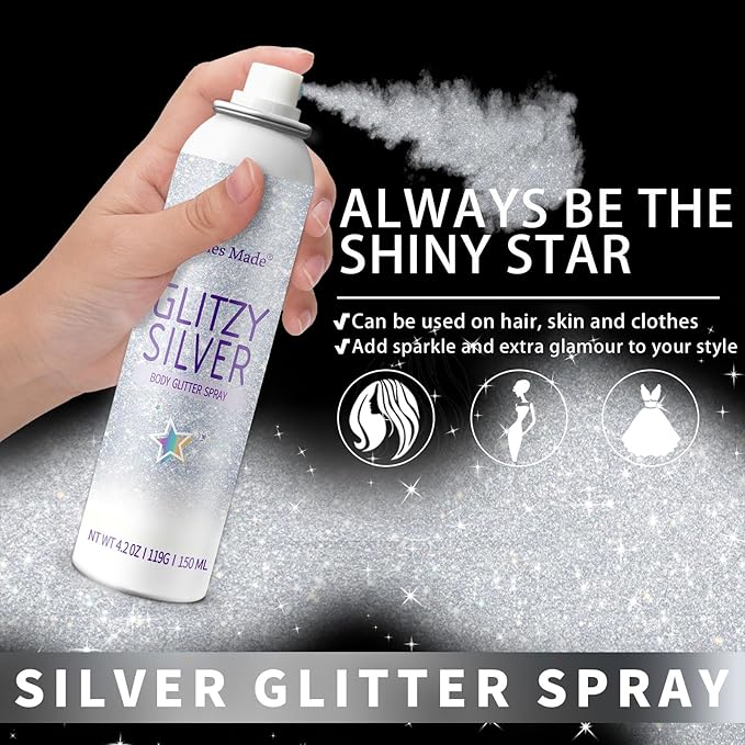 Hair Glitter Body Glitter Spray, 150ML Glitter Hairapray Silver Glitter Spray for Hair and Boday, Hair Glitter for Kids Women, Body Shimmer Festival Rave and Makeup 4.2 Fl Oz
