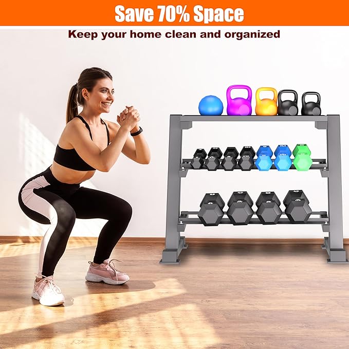 3 Tier Dumbbell Rack, 1200LBS Capacity Weight Rack for Home Gym Dumbbells & Kettlebell, Heavy-Duty Multilevel Free Weight Holder Storage Organizer, Dumbell Rack Stand Only