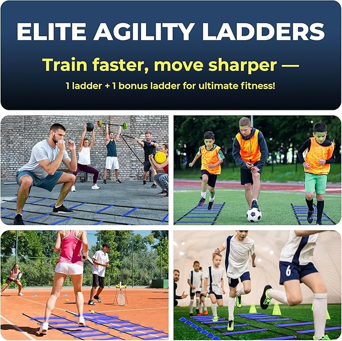 Agility Ladder Speed Training Equipment Set-2x 20ft Agility Ladder,12 Soccer Cones,4 Adjustable Hurdles, Jump Rope, Running Parachute| Basketball Football Soccer Training Equipment for Kids Adults