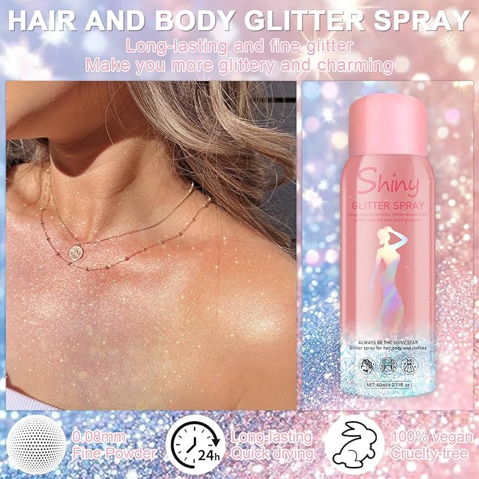 Hair and Body Glitter Spray, 60ml Glint-Rainbow Glitter Hairspray Dry Powder Makeup for Clothes, Festival Rave Prom Loose Sparkle Powder,Holographic Ultra Fine Glitters for Crafts (Glint-Rainbow)