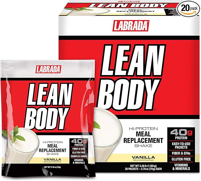Lean Body MRP All-In-One Vanilla Meal Replacement Shake, 40g Protein, Whey Blend , 8g Healthy Fats EFA's & Fiber, 22 Vitamins and Minerals , No artificial color, Gluten Free, (20 Packets)
