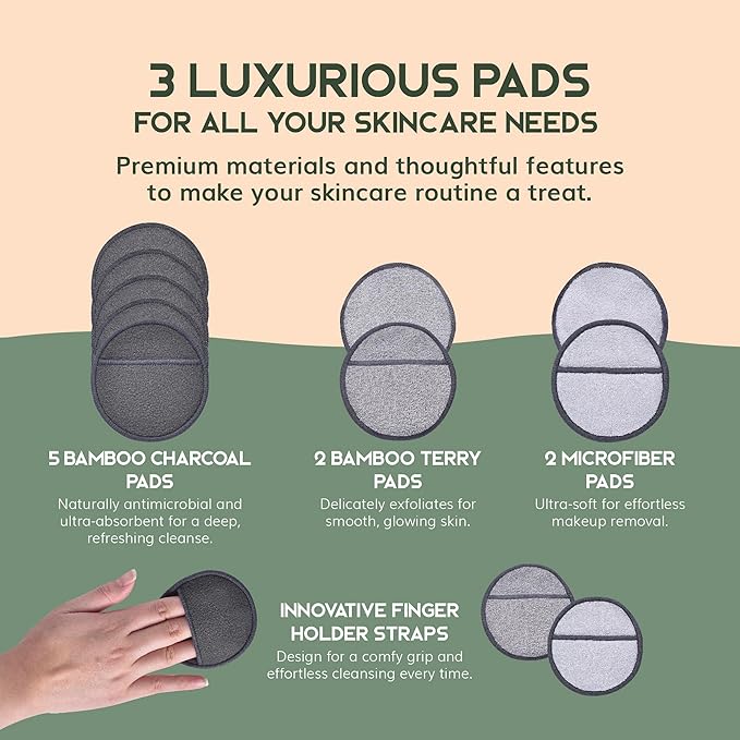 Greenzla Reusable Makeup Remover Pads Premium Set, 12 Pack Microfiber Cotton Pads, Charcoal Cotton Rounds, Bamboo Terry Face Wipes for All Skin Types with Mesh Laundry Bag and Bamboo Storage