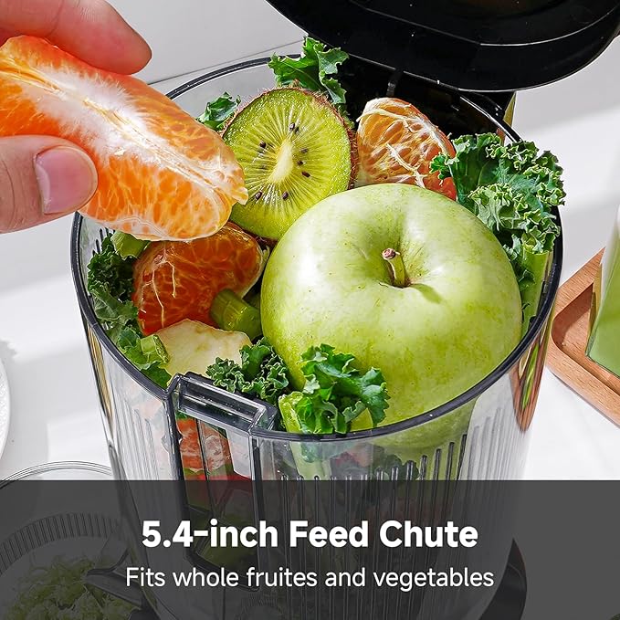 AMZCHEF Cold Press Juicer, Juicers Machines - 5.4" Large Feed Chute for Whole Fruits & Vegetables, Stainless Steel Slow Masticating Juice Easy to Clean, Large Auger, Triple Strainers, Silver