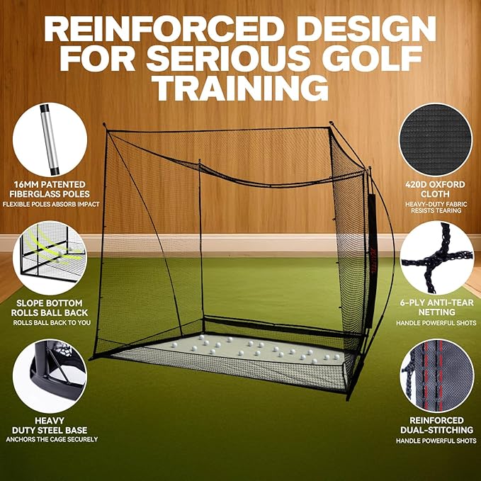 Golf Simulator Cage with Side Barriers&Impact Screen – 10x8 FT Golf Net with Dual-Layer HD Simulator Screen for High-Speed Shots, Practice Net with Ball Return for Indoor Outdoor Backyard