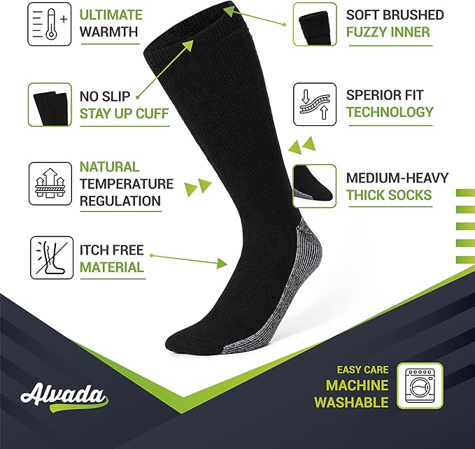 Alvada Merino Wool Hiking Socks Thermal Warm Crew Winter Boot Sock For Men & Women 3 Pairs
