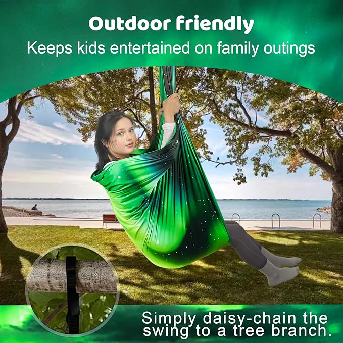 Double Layer Sensory Swing for Kids & Adults Holds up to 300lbs Indoor and Outdoor Therapy Cuddle Swing with 360° Swivel Hanger Kit Adjustable Swing with Aspergers Autism ADHD (Aurora Green)
